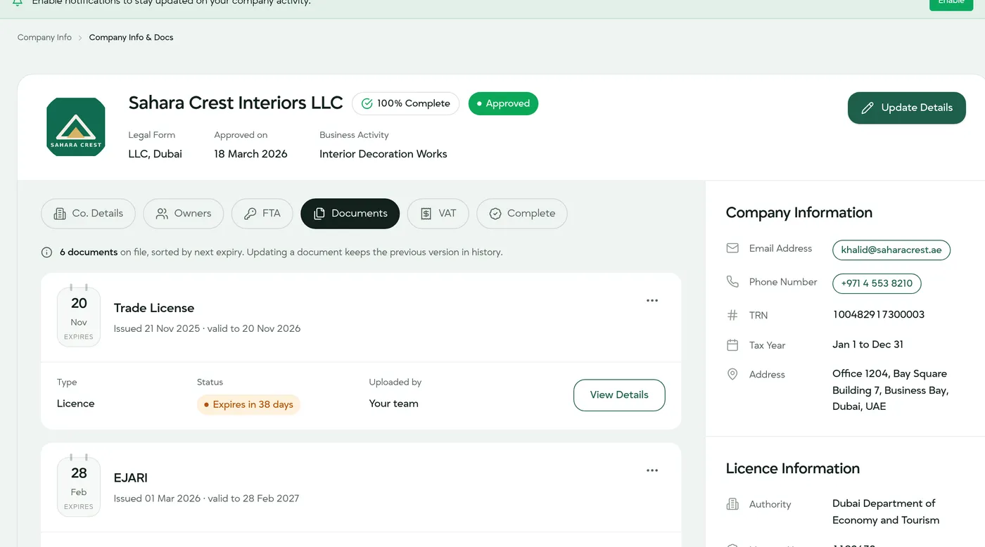 Company Info and Docs page in the portal with licences and their expiry dates